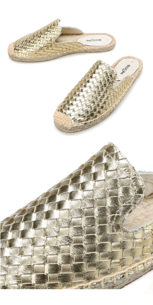 Mules plates femme en cuir véritable avec doublure en toile