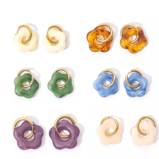 Boucles d’oreilles fleur en résine, cercle en acier inoxydable